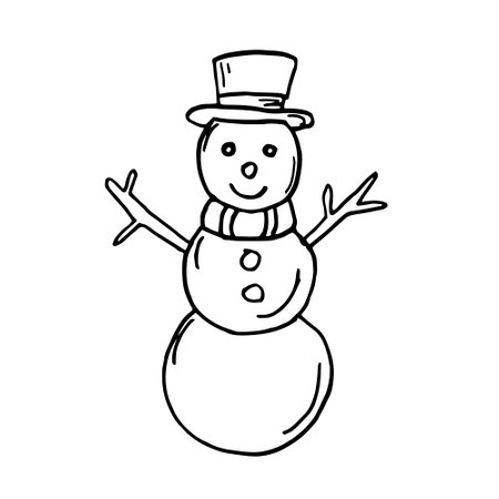 ?ute snowman in hat and scarf. ?oncept New Year, Christmas, holidays, winter activities. Hand drawn vector illustration in doodle style outline drawing isolated on white background.のイラスト素材