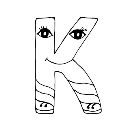 Hand drawn vector funny letter. English K, doodle style. Children's coloring bookのイラスト素材