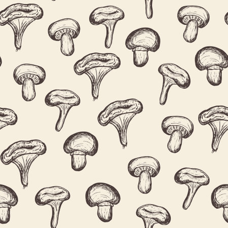 Seamless pattern with mushrooms. Background design for gift packaging or package. Hand drawn vector illustration of mushrooms on beige.のイラスト素材