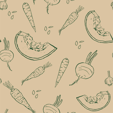 Vector seamless pattern with isolated hand drawn sketch vegetables on beige background. Pattern on the theme of food, proper nutrition.のイラスト素材