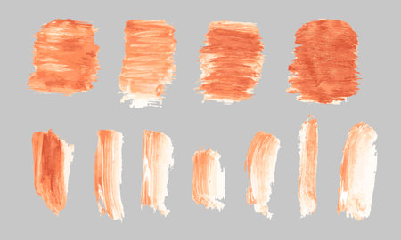 Peach brush strokes isolated. Acrylic art brush painted textured stripes set. Vector backgrounds.のイラスト素材