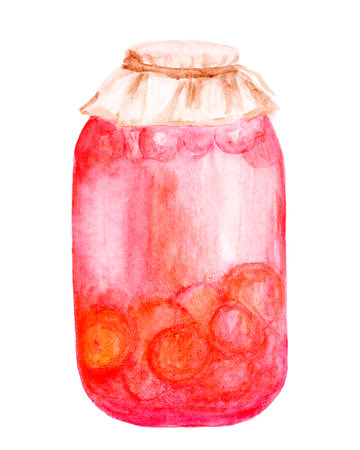 Delicious compote from fruits, watercolor illustration. Sweet refreshing berry compote. Homemade canned apple compote in glass jar.の写真素材