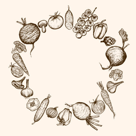 Autumn wreath sketch vegetables vector illustration. Hand drawn harvest circle on beige background.のイラスト素材