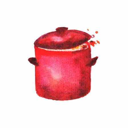 Boiling pot, bright kitchen utensils painted in watercolor. Red enameled dishes while cooking soup.のイラスト素材