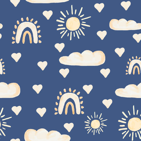 Seamless wallpaper Watercolor rainbow illustration, boho elements. Weather illustrations on blue background. Cozy cute style for children's room.のイラスト素材