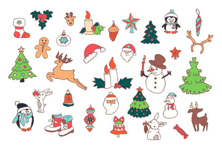 Christmas doodle set, cozy winterのイラスト素材