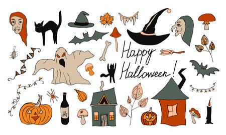 Halloween doodle set. Hand drawn vector Halloween illustration. Pumpkins, witches, mushrooms, potion, ghost.のイラスト素材