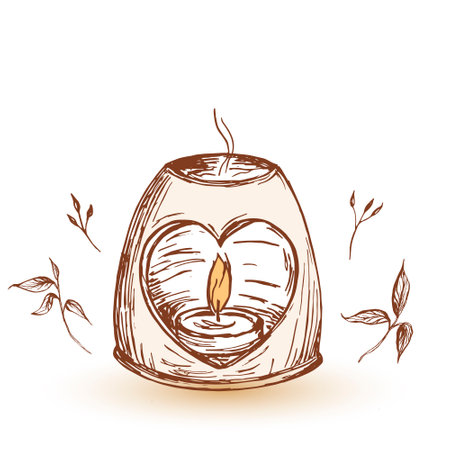 Home incense, aroma lamp. Aromatherapy Vector illustration. Leaves surround lamp. Cozy design of warm incense.のイラスト素材