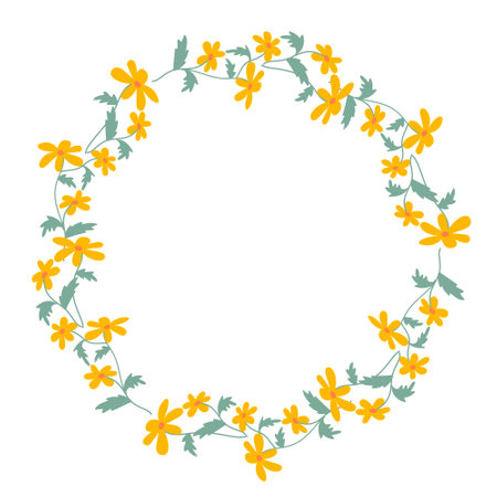 Circle floral draw frame vector illustration. Hand drawn doodle yellow flowers. Color Floral border.のイラスト素材