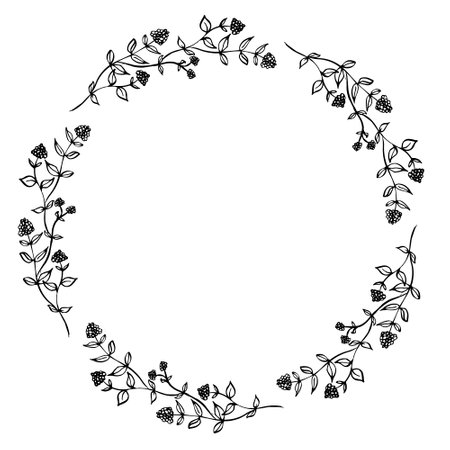Circle floral vintage draw frame vector illustration. Hand drawn wreath leaves.のイラスト素材