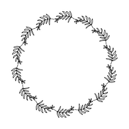 Circle herbal draw, black and white vector illustration. Hand drawn wreath leaves. Border round.のイラスト素材