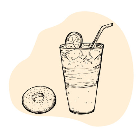 Delicious breakfast, fast food. Doughnut with drink drawn by hand. Fresh drink and sweet bun. Vector sketch of food.のイラスト素材