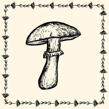 Vintage frame, mushroom in floral border. Design card of forest nature. Handmade delicate postcard.のイラスト素材