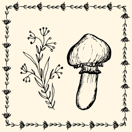 Mushroom and wild flowers, Vintage frame, mushroom in floral border. Design card of forest nature. Handmade delicate postcard. Game education card.のイラスト素材