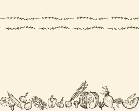Vegetables sketch Horizontal border. Hand-drawn Harvest. Floral border on beige background. Vector illustration.のイラスト素材
