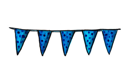Flags garland blue Watercolor illustration. Party decor elements. Textured flags watercolor. Hand drawn watercolor illustration of cute baby garland.の写真素材