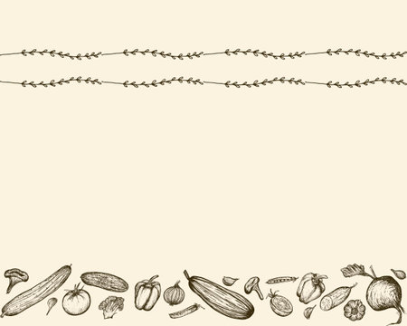 Horizontal border of Vegetables sketch with delicate Floral border. Hand-drawn Harvest on beige background. Vector illustrationのイラスト素材