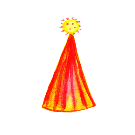 Bright festive hat. Watercolor illustration of holiday element for the design of postcards and children's manuals. Orange high headdress for birthday celebration.の写真素材
