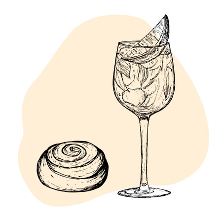 Delicious breakfast, fast food. Synabon with ice tea drawn by hand. Fresh drink and sweet bun. Vector sketch of food.のイラスト素材