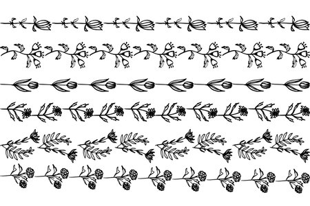 Set of Vector floral horizontal frames isolated on white background. Decorative framing. Small flowers ornament sketch.のイラスト素材