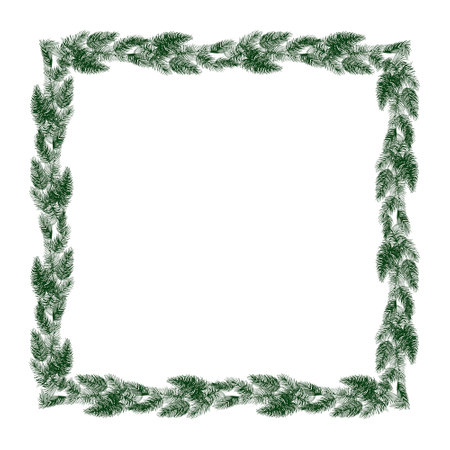Spruce branches Christmas frame. Square green frame with an empty space. Green eco border on white background.のイラスト素材
