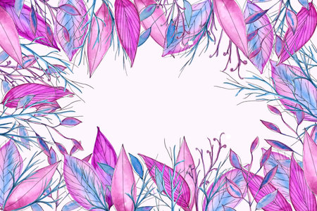Watercolor texture for greeting card or invitation, template for floral card. Frame with beautiful pink leaves and watercolor texture for greeting card or invitation.の写真素材