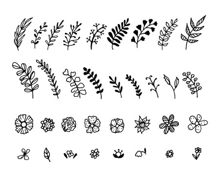 Set of doodle illustrations of twigs and flowers for the design and decorations of various postcards and posters. Different floral design elements isolated on white background.のイラスト素材