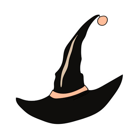 Glamorous witch hat. Black headdress for party. Halloween design element, attribute of black magic.のイラスト素材