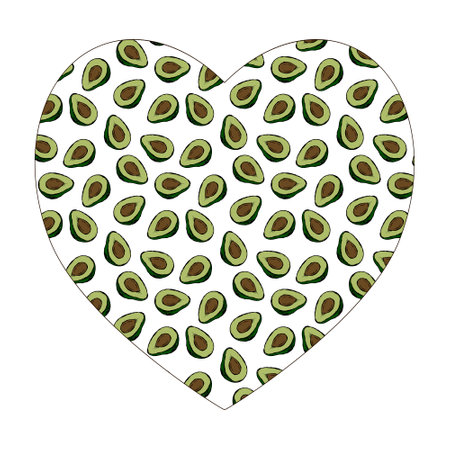 Heart shape of avocado pattern. Vector illustration of vegetables love. Decorative card for proper nutrition. Colored avocados on white background.のイラスト素材