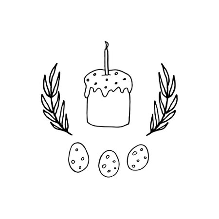 Easter festive card. Doodle Black and white vector illustration. Decorated eggs, cake, decorations for Easter holiday.のイラスト素材
