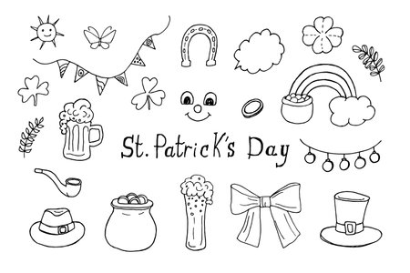 Set of doodle illustrations on St. Patrick's Day. Black and white drawings of beer, clover, rainbows, coins. Isolated vector images on white background.のイラスト素材