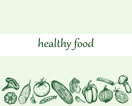 Horizontal design of vegetarian food. Vegetables sketch, hand drawn illustration. Harvesting, vegetarianism. Banner of Healthy food, proper nutrition.のイラスト素材