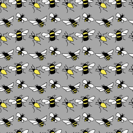 Color seamless pattern of bumblebees and beetles on gray background. Flying insects, background for wrapping paper, notebook and album covers. Childrens wallpaper in cartoon style.のイラスト素材