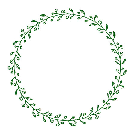 Circle floral green twigs frame, vector illustration. Hand drawn wreath leaves.のイラスト素材
