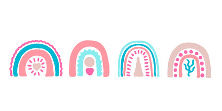 Doodle rainbows colored set. Cute decoration elements. Baby boho style, delicate pastel colors. Colored vector illustration. Scandinavian nordic ornaments.のイラスト素材