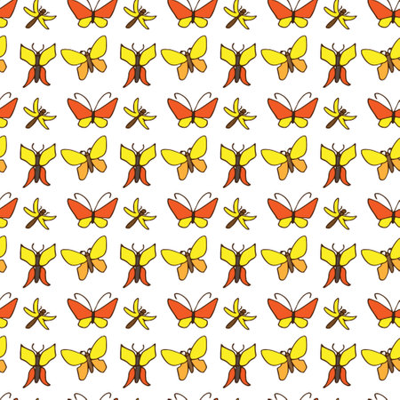 Color seamless pattern of yellow butterflies on white background. Flying insects, background for wrapping paper, notebook and album covers. Childrens wallpaper in cartoon style.のイラスト素材