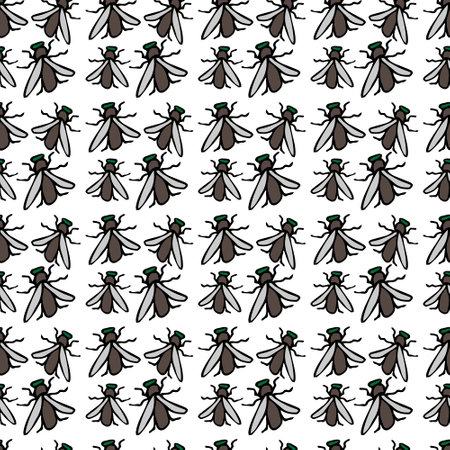 Seamless vector pattern with flies insect. Flying insects on white background. Colored background with the usual simple flies for funny package or cover.のイラスト素材