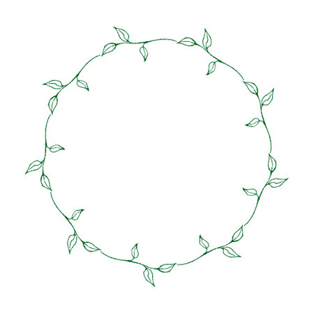 Circle floral green leaves frame, vector illustration. Hand drawn wreath leaves.のイラスト素材
