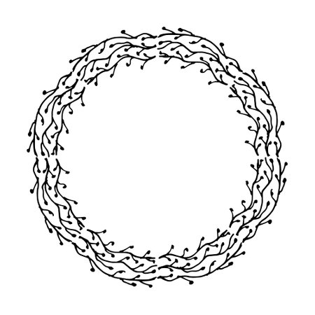 Simple wreath isolated on white background. Decorative round framing. Vector circle frame with twigs, black and white illustration by hand. Isolated hand drawn border.のイラスト素材