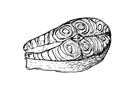 Fish trout steak sketch isolated on white background. Drawing of freshwater fish Salmonidae steak. Dish for fish restaurant, menu design.のイラスト素材