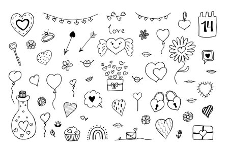 Large set of doodle illustrations for Valentines Day. Various hearts, garlands, kisses for decorating postcards and posters for Valentines Day. Hand-drawn black and white drawings.のイラスト素材