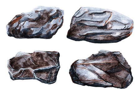 Large boulders painted by hand. High-quality illustration of natural stones. Isolated grey boulders of different shapes on white background.の写真素材