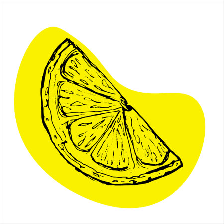 Slice of lemon, hand-painted on yellow spot. Sketch illustration of healthy citrus product isolated on white background.のイラスト素材