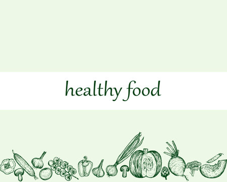 Horizontal poster design of green vegetarian food. Vegetables sketch, hand drawn illustration. Harvesting, vegetarianism. Banner of Healthy food, proper nutrition.のイラスト素材