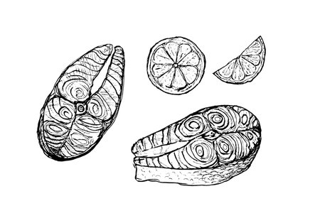 Fish trout steak and lemon slices sketch isolated on white background. Drawing of freshwater fish Salmonidae steak. Dish for fish restaurant, ingredients for recipe.のイラスト素材