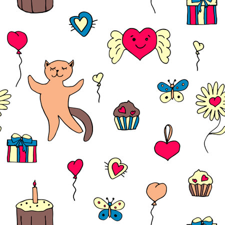 Funny pattern with hearts and kittens. Bright colors, cartoon doodle style. Hand-drawn elements for Valentines Day. Seamless background for design. Sweets and butterflies.のイラスト素材