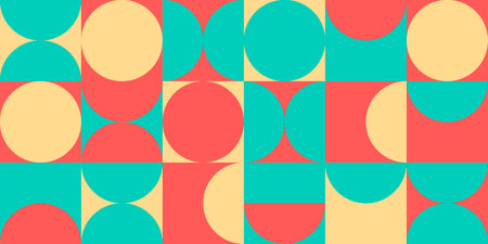 Geometric pattern, abstract seamless background, vector circle, semicircle and arc lines art. Yellow, blue, red, fashionable Bauhaus background.のイラスト素材