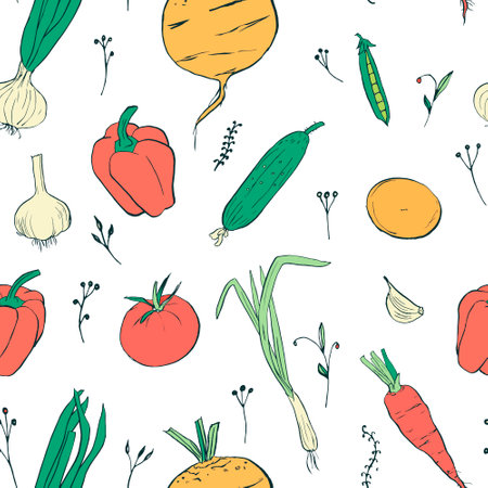 Vegetables vector seamless pattern. Hand drawn colored sketch peppers, tomatoes, onions, cucumbers, peas on white background. Food Harvest background, Vegetarian food, proper nutrition.のイラスト素材