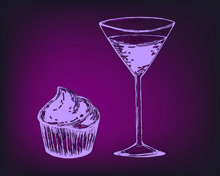 Delicious dessert, fast food. Cupcake with refreshing drink drawn by hand. Fresh drink and sweet bun In neon light. Vector sketch of food. Great for romantic meeting.のイラスト素材