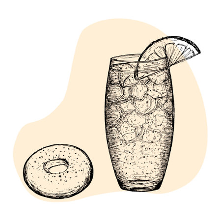 Mojito and donut. Delicious breakfast, fast food. Doughnut with drink drawn by hand. Fresh drink and sweet bun. Vector sketch of food.のイラスト素材